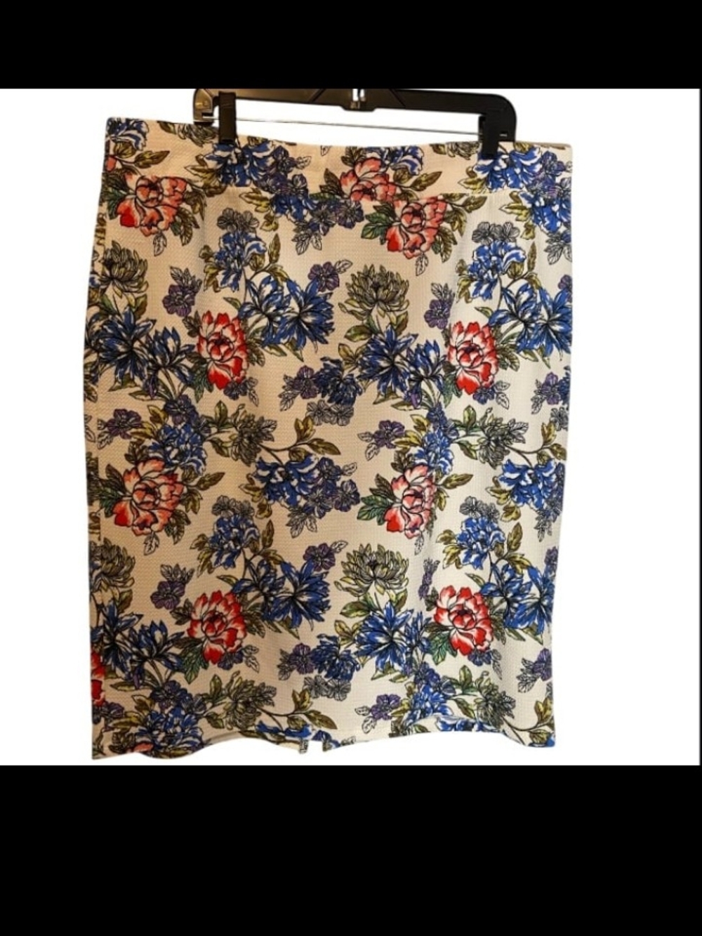 Floral Print Pencil Skirt in White with Blue & Red Blooms